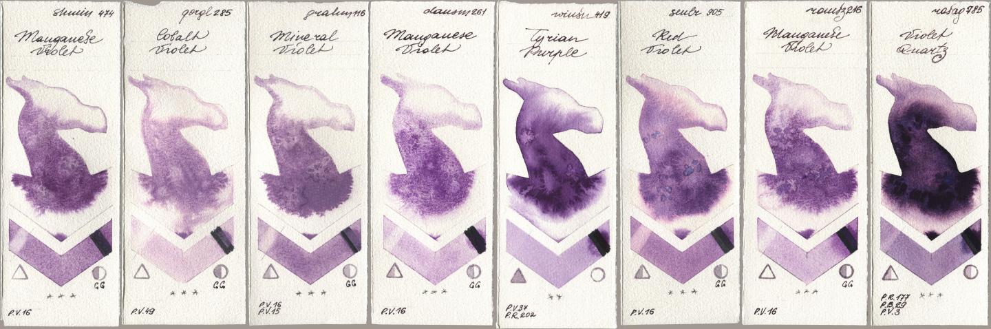 Shminke Horadam Aquarell 474 Manganese Violet, Golden QOR 285 Cobalt Violet, M. Graham & Co. Artists 116 Mineral Violet, Daniel Smith 261 Manganese Violet, Winsor & Newton Professional 419 Tyrian Purple, Sennelier l Aquarelle 905 Red Violet, Roman Szmal Aquarius 216 Manganese Violet, Rosa Gallery 785 Violet Quar watercolor swatch