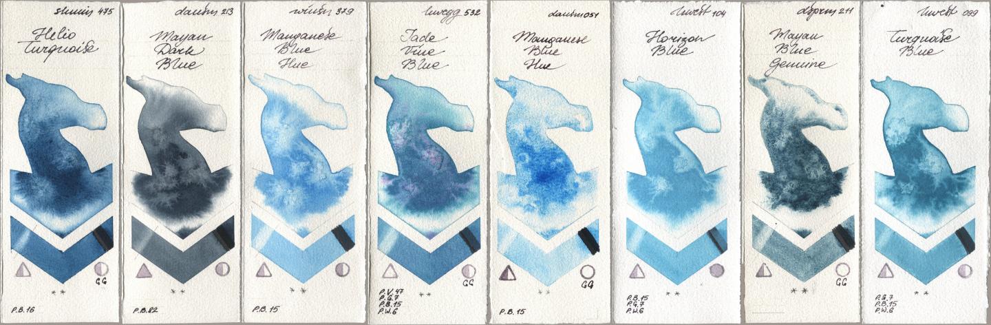 Shminke Horadam Aquarell 475 Helio Turquoise, Daniel Smith 213 Mayan Dark Blue, Winsor & Newton Professional 379 Manganese Blue Hue, Holbein Artists Watercolor 532 Jade Vine Blue, 051 Manganese Blue Hue, 104 Horizon Blue, 211 Mayan Blue Genuine, 099 Turquoise Bl watercolor swatch