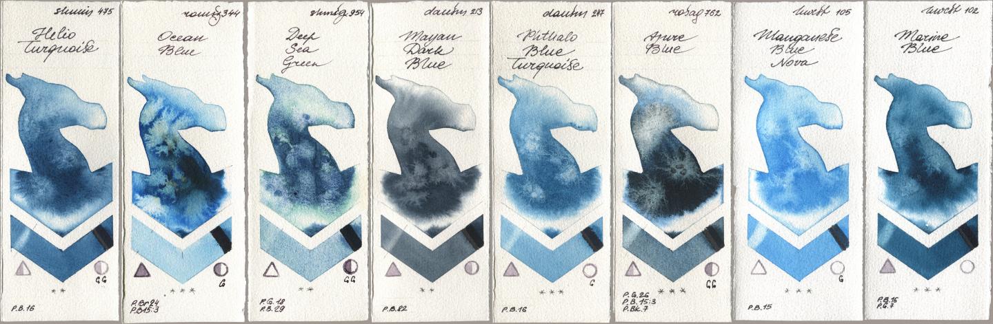 Shminke Horadam Aquarell 475 Helio Turquoise, Roman Szmal Aquarius 344 Ocean Blue, 954 Deep Sea Green, Daniel Smith 213 Mayan Dark Blue, 247 Phthalo Blue Turquoise, Rosa Gallery 762 Azure Blue, Holbein Artists Watercolor 105 Manganese Blue Nova, 102 Marine Bl watercolor swatch