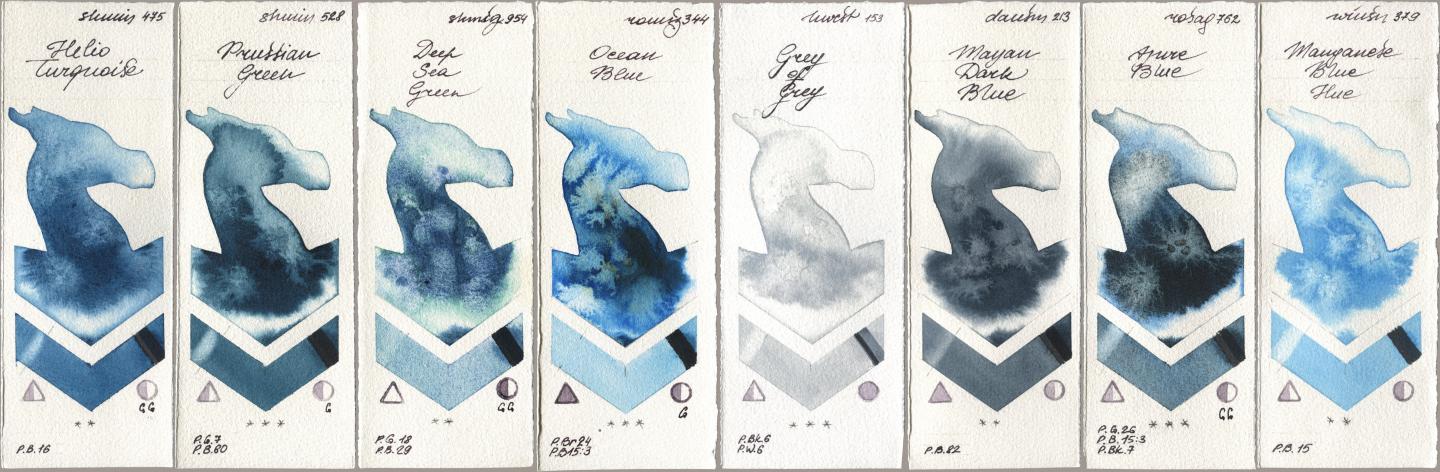 Shminke Horadam Aquarell 475 Helio Turquoise, 528 Prussian Green, 954 Deep Sea Green, Roman Szmal Aquarius 344 Ocean Blue, Holbein Artists Watercolor 153 Grey of Grey, Daniel Smith 213 Mayan Dark Blue, Rosa Gallery 762 Azure Blue, Winsor & Newton Professional 379 Manganese Blue H watercolor swatch