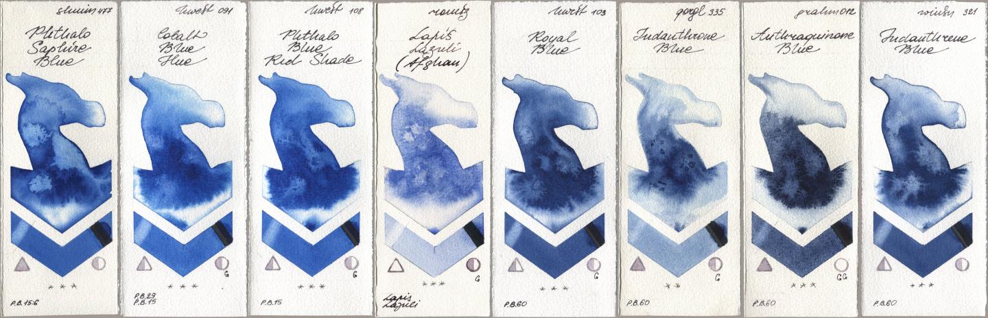 Shminke Horadam Aquarell 477 Phthalo Saphire Blue, Holbein Artists Watercolor 091 Cobalt Blue Hue, 108 Phthalo Blue Red Shade, Roman Szmal Aquarius 999 Lapis Lazuli Afghan, 103 Royal Blue, Golden QOR 335 Indanthrone Blue, M. Graham & Co. Artists 012 Anthraquinone Blue, Winsor & Newton Professional 321 Indanthrene Bl watercolor swatch