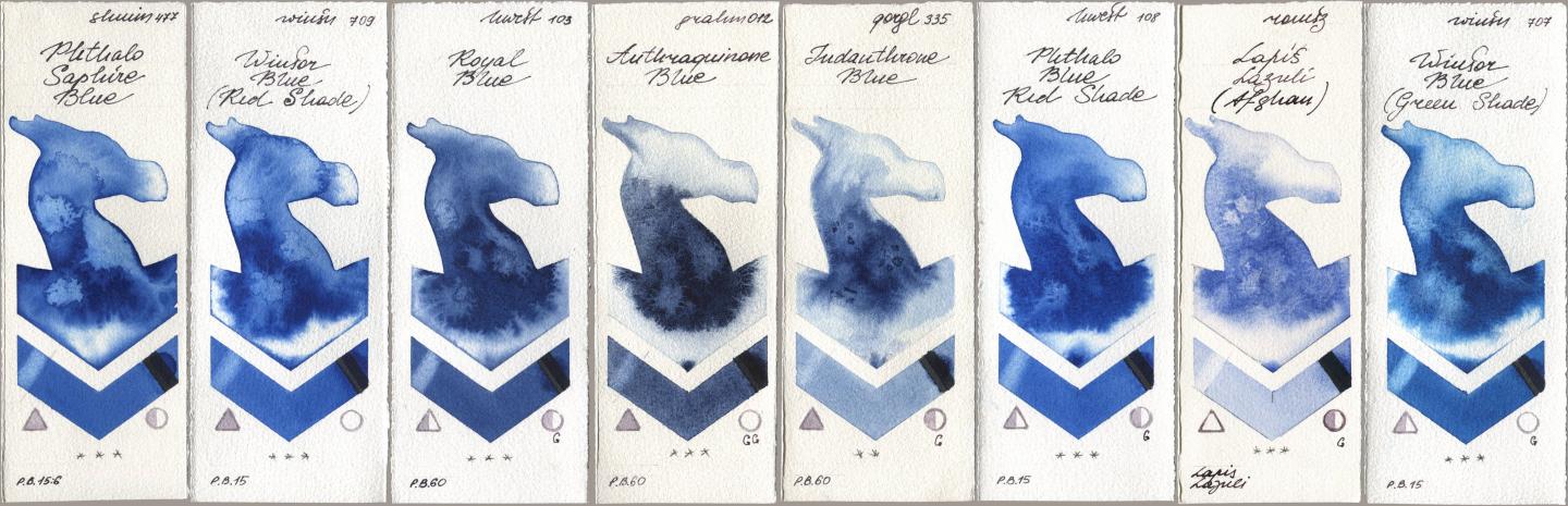 Shminke Horadam Aquarell 477 Phthalo Saphire Blue, Winsor & Newton Professional 709 Winsor Blue (Red Shade), Holbein Artists Watercolor 103 Royal Blue, M. Graham & Co. Artists 012 Anthraquinone Blue, Golden QOR 335 Indanthrone Blue, 108 Phthalo Blue Red Shade, Roman Szmal Aquarius 999 Lapis Lazuli Afghan, 707 Winsor Blue (Green Shad watercolor swatch