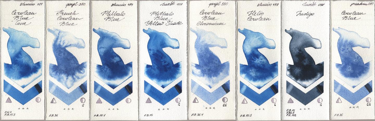 Shminke Horadam Aquarell 481 Cerulean Blue Tone, Golden QOR 350 French Cerulean Blue, 484 Phthalo Blue, Holbein Artists Watercolor 107 Phthalo Blue Yellow Shade, 330 Cerulean Blue, Chromium, 479 Helio Cerulean, 098 Indigo, M. Graham & Co. Artists 080 Cerulean Bl watercolor swatch