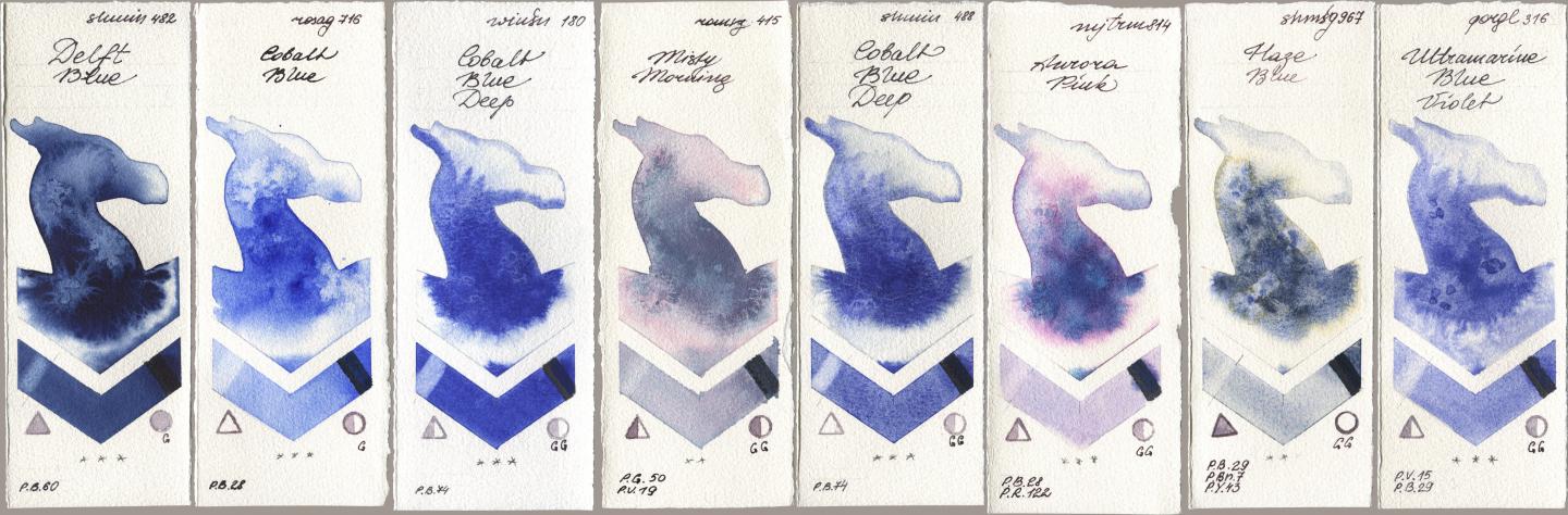 Shminke Horadam Aquarell 482 Delft Blue, Rosa Gallery 716 Cobalt Blue, Winsor & Newton Professional 180 Cobalt Blue Deep, Roman Szmal Aquarius 415 Misty Morning, 488 Cobalt Blue Deep, Mijello Mission Gold 814 Aurora Pink, 967 Haze Blue, Golden QOR 316 Ultramarine Blue Viol watercolor swatch
