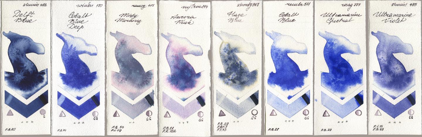 Shminke Horadam Aquarell 482 Delft Blue, Winsor & Newton Professional 180 Cobalt Blue Deep, Roman Szmal Aquarius 415 Misty Morning, Mijello Mission Gold 814 Aurora Pink, 967 Haze Blue, Royal Talens Rembrandt Watercolour 511 Cobalt Blue, Rosa Gallery 777 Ultramarine Spectral, 495 Ultramarine Viol watercolor swatch