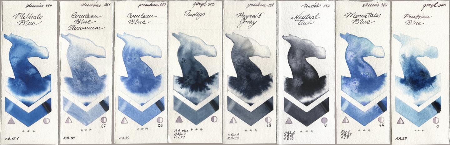 Shminke Horadam Aquarell 484 Phthalo Blue, Daniel Smith 021 Cerulean Blue Chromium, M. Graham & Co. Artists 080 Cerulean Blue, Golden QOR 305 Indigo, 128 Payne’s Gray, Holbein Artists Watercolor 157 Neutral Tint, 480 Mountain Blue, 340 Prussian Bl watercolor swatch