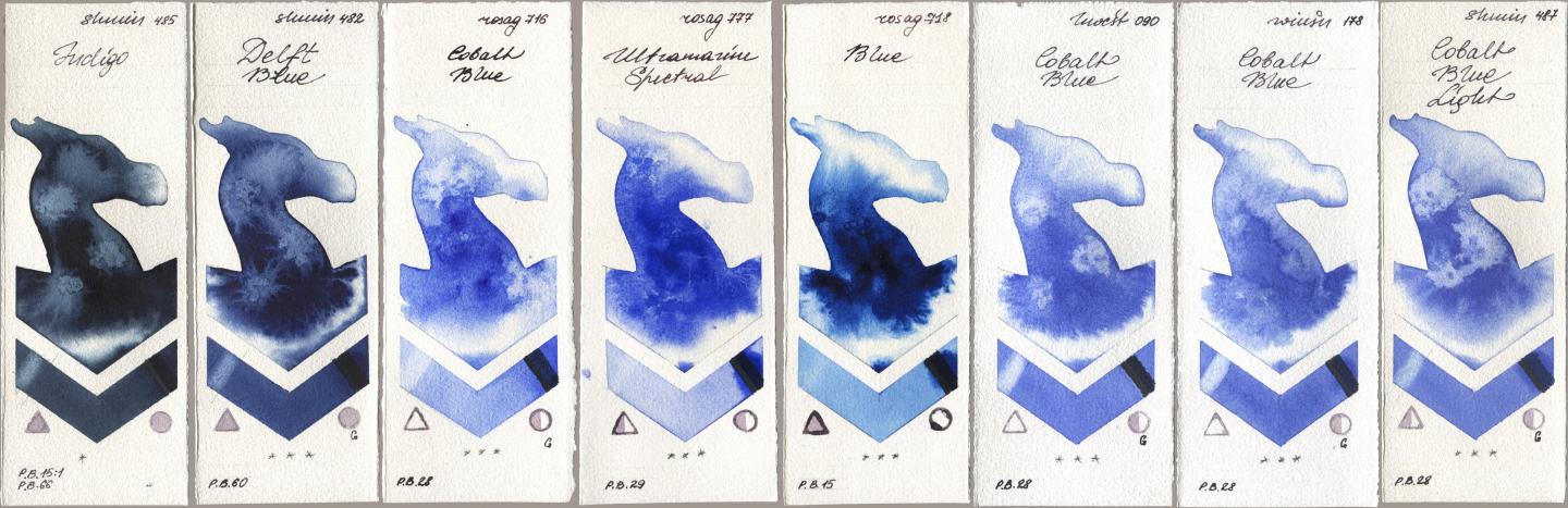 Shminke Horadam Aquarell 485 Indigo, 482 Delft Blue, Rosa Gallery 716 Cobalt Blue, 777 Ultramarine Spectral, 718 Blue, Holbein Artists Watercolor 090 Cobalt Blue, Winsor & Newton Professional 178 Cobalt Blue, 487 Cobalt Blue Lig watercolor swatch