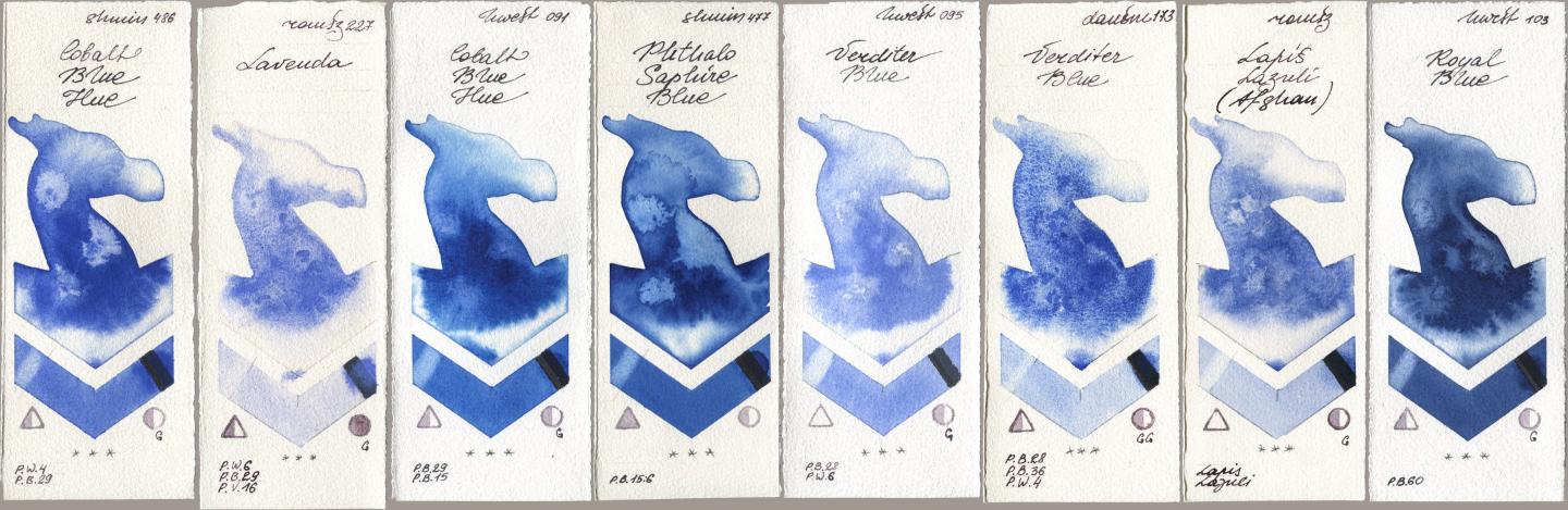 Shminke Horadam Aquarell 486 Cobalt Blue Hue, Roman Szmal Aquarius 227 Lavenda, Holbein Artists Watercolor 091 Cobalt Blue Hue, 477 Phthalo Saphire Blue, 095 Verditer Blue, Daniel Smith 173 Verditer Blue, 999 Lapis Lazuli Afghan, 103 Royal Bl watercolor swatch