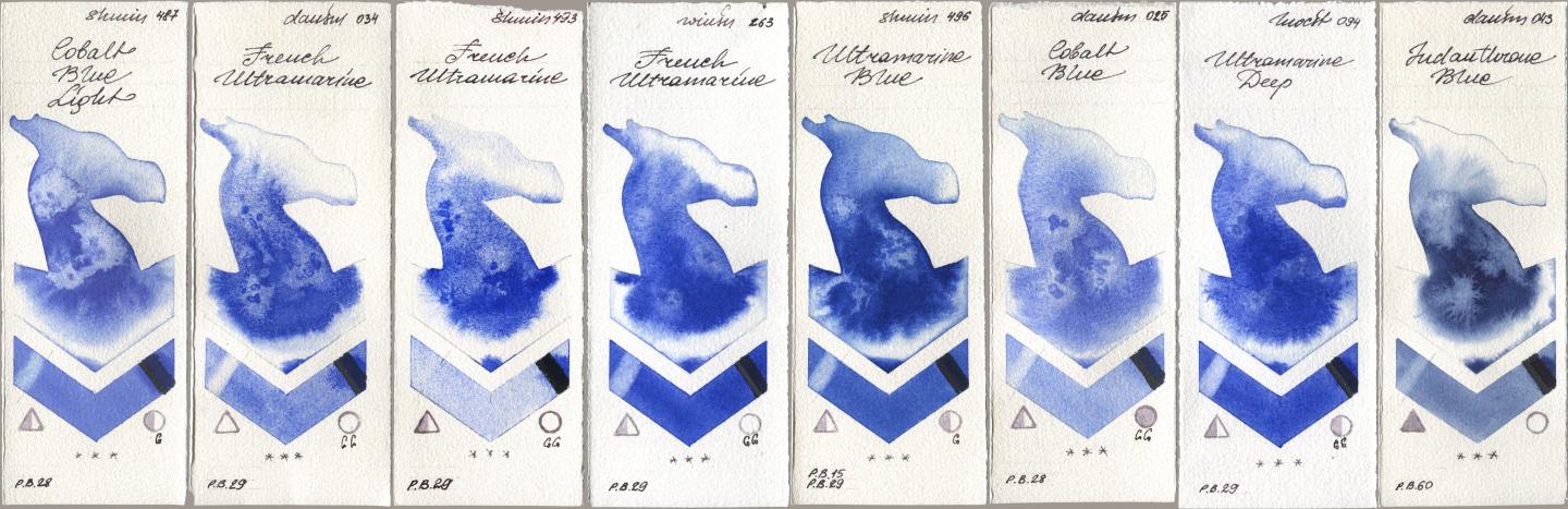 Shminke Horadam Aquarell 487 Cobalt Blue Light, Daniel Smith 034 French Ultramarine, 493 French Ultramarine, Winsor & Newton Professional 263 French Ultramarine, 496 Ultramarine Blue, 025 Cobalt Blue, Holbein Artists Watercolor 094 Ultramarine Deep, 043 Indanthrone Bl watercolor swatch