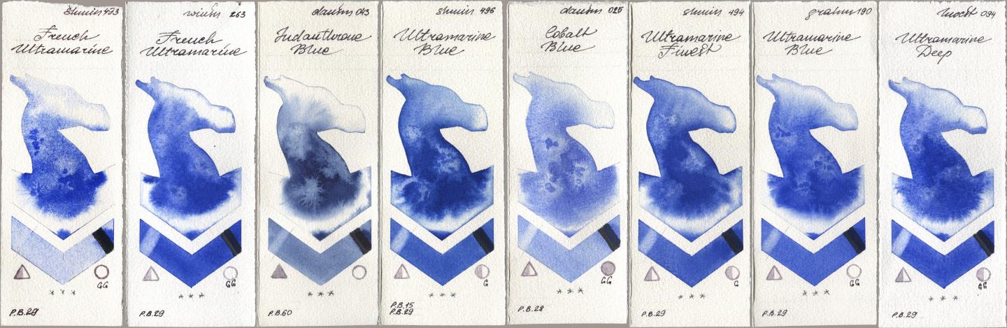 Shminke Horadam Aquarell 493 French Ultramarine, Winsor & Newton Professional 263 French Ultramarine, Daniel Smith 043 Indanthrone Blue, 496 Ultramarine Blue, 025 Cobalt Blue, 494 Ultramarine Finest, M. Graham & Co. Artists 190 Ultramarine Blue, Holbein Artists Watercolor 094 Ultramarine De watercolor swatch
