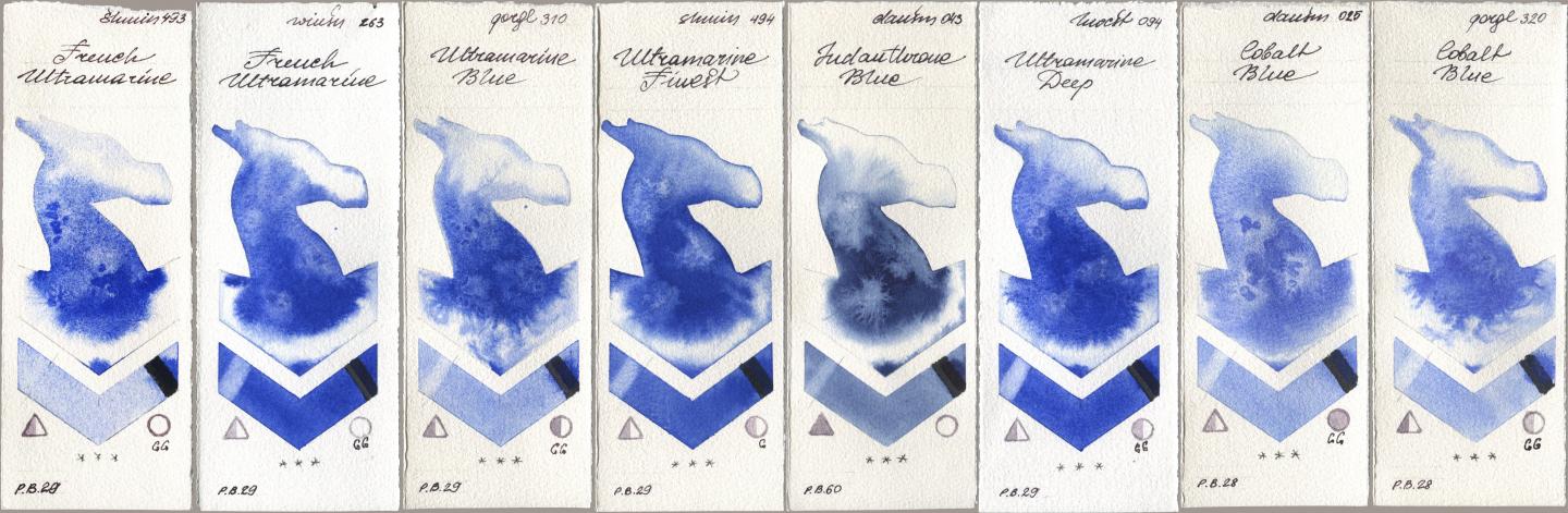 Shminke Horadam Aquarell 493 French Ultramarine, Winsor & Newton Professional 263 French Ultramarine, Golden QOR 310 Ultramarine Blue, 494 Ultramarine Finest, Daniel Smith 043 Indanthrone Blue, Holbein Artists Watercolor 094 Ultramarine Deep, 025 Cobalt Blue, 320 Cobalt Bl watercolor swatch