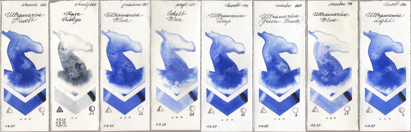 Shminke Horadam Aquarell 494 Ultramarine Finest, 968 Haze Indigo, M. Graham & Co. Artists 190 Ultramarine Blue, Golden QOR 320 Cobalt Blue, Holbein Artists Watercolor 094 Ultramarine Deep, Winsor & Newton Professional 667 Ultramarine (Green Shade), Daniel Smith 106 Ultramarine Blue, 093 Ultramarine Lig watercolor swatch