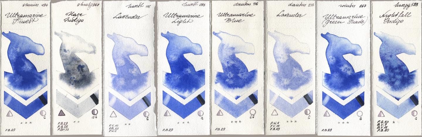 Shminke Horadam Aquarell 494 Ultramarine Finest, 968 Haze Indigo, Holbein Artists Watercolor 116 Lavender, 093 Ultramarine Light, Daniel Smith 106 Ultramarine Blue, 232 Lavender, Winsor & Newton Professional 667 Ultramarine (Green Shade), 533 Nightfall Indi watercolor swatch
