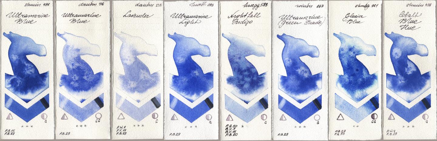 Shminke Horadam Aquarell 496 Ultramarine Blue, Daniel Smith 106 Ultramarine Blue, 232 Lavender, Holbein Artists Watercolor 093 Ultramarine Light, 533 Nightfall Indigo, Winsor & Newton Professional 667 Ultramarine (Green Shade), 961 Glacier Blue, 486 Cobalt Blue H watercolor swatch