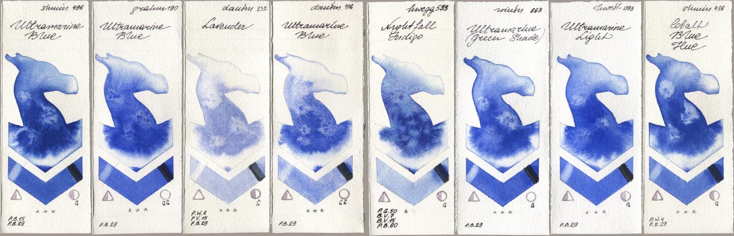 Shminke Horadam Aquarell 496 Ultramarine Blue, M. Graham & Co. Artists 190 Ultramarine Blue, Daniel Smith 232 Lavender, 106 Ultramarine Blue, Holbein Artists Watercolor 533 Nightfall Indigo, Winsor & Newton Professional 667 Ultramarine (Green Shade), 093 Ultramarine Light, 486 Cobalt Blue H watercolor swatch