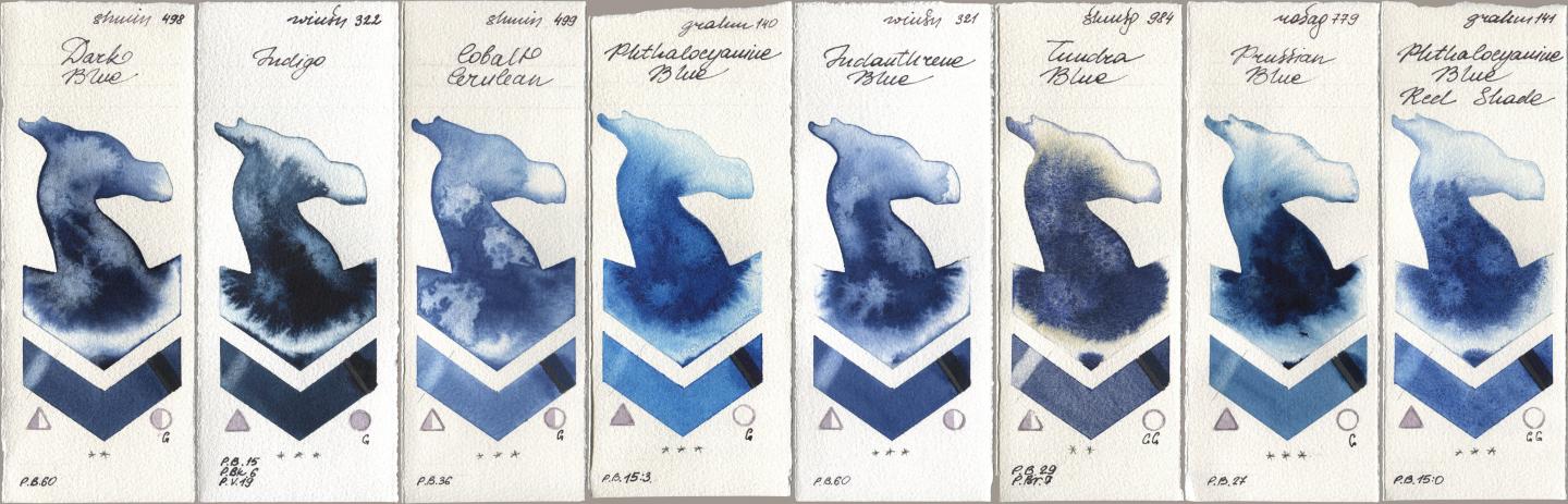 Shminke Horadam Aquarell 498 Dark Blue, Winsor & Newton Professional 322 Indigo, 499 Cobalt Cerulean, M. Graham & Co. Artists 140 Phthalocyanine Blue, 321 Indanthrene Blue, 984 Tundra Blue, Rosa Gallery 779 Prussian Blue, 141 Phthalocyanine Blue Red Sha watercolor swatch