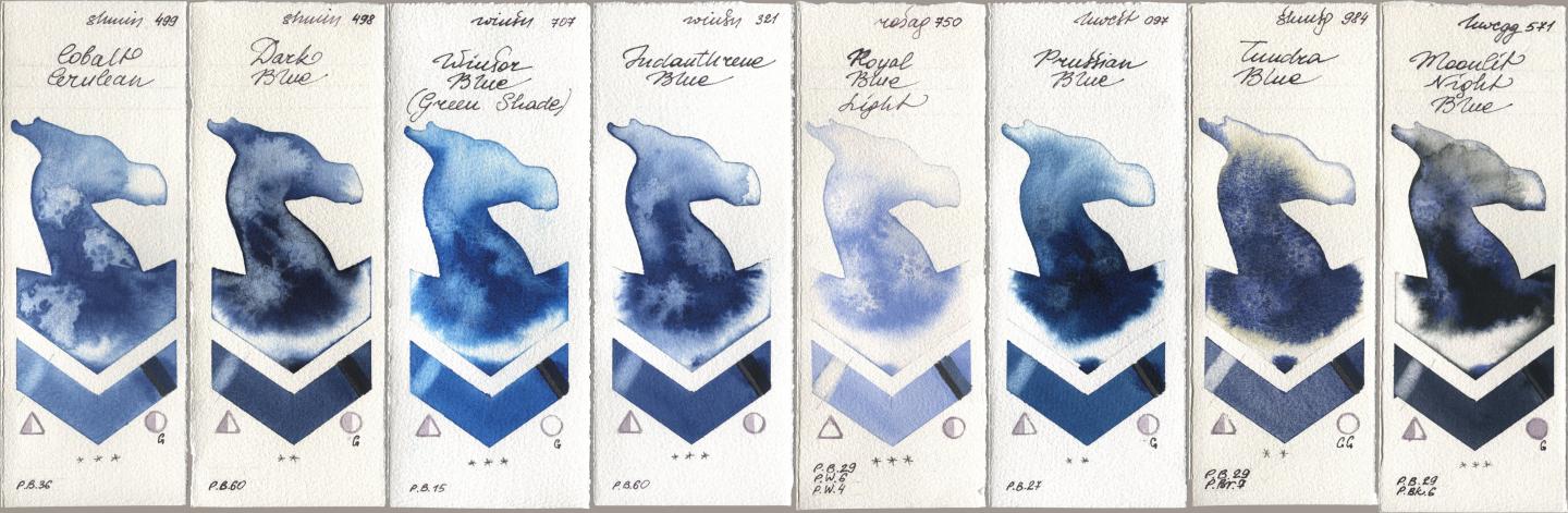 Shminke Horadam Aquarell 499 Cobalt Cerulean, 498 Dark Blue, Winsor & Newton Professional 707 Winsor Blue (Green Shade), 321 Indanthrene Blue, Rosa Gallery 750 Royal Blue Light, Holbein Artists Watercolor 097 Prussian Blue, 984 Tundra Blue, 571 Moonlit Night Bl watercolor swatch