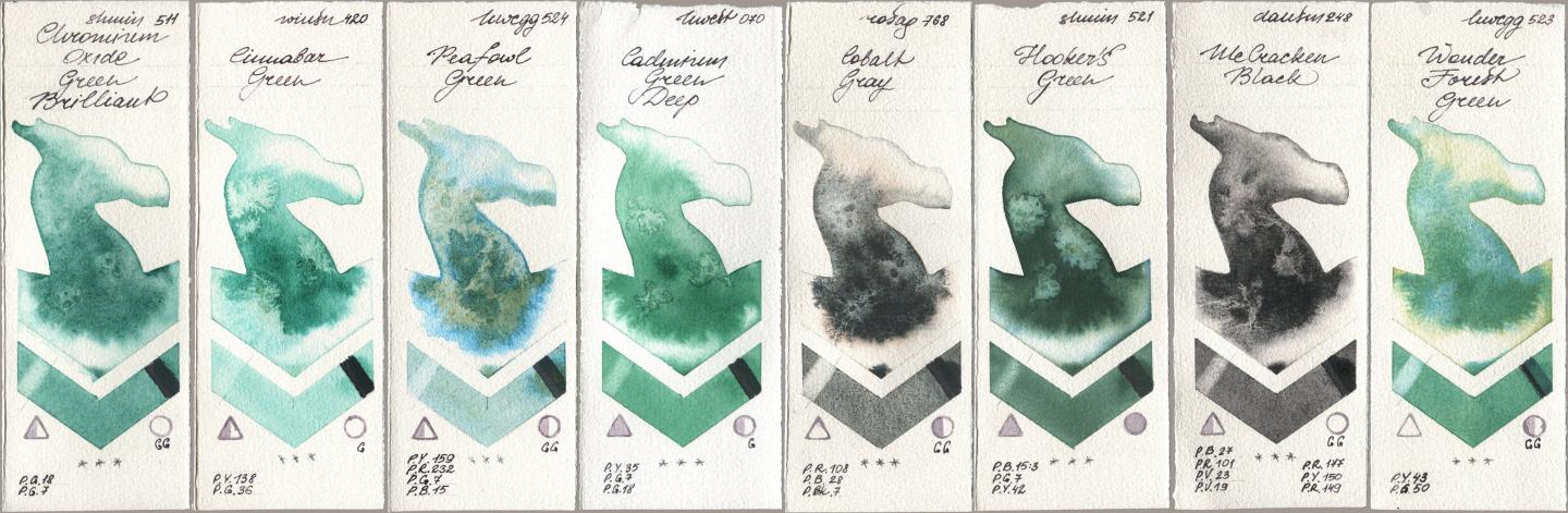 Shminke Horadam Aquarell 511 Chromium Oxide Green Brilliant, Winsor & Newton Professional 420 Cinnabar Green, Holbein Artists Watercolor 524 Peafowl Green, 070 Cadmium Green Deep, Rosa Gallery 768 Cobalt Gray, 521 Hookers Green, Daniel Smith 248 McCracken Black, 523 Wonder Forest Gre watercolor swatch