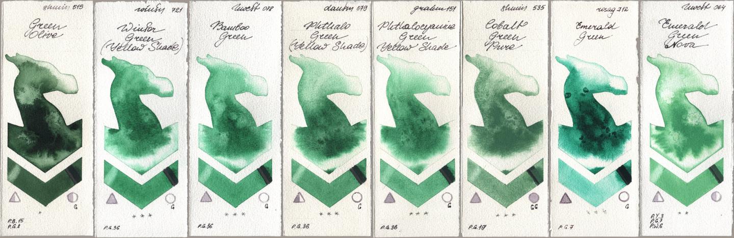 Shminke Horadam Aquarell 515 Green Olive, Winsor & Newton Professional 721 Winsor Green (Yellow shade), Holbein Artists Watercolor 078 Bamboo Green, Daniel Smith 079 Phthalo Green (Yellow Shade), M. Graham & Co. Artists 151 Phthalocyanine Green Yellow Shade, 535 Cobalt Green Pure, Rosa Gallery 712 Emerald Green, 064 Emerald Green No watercolor swatch