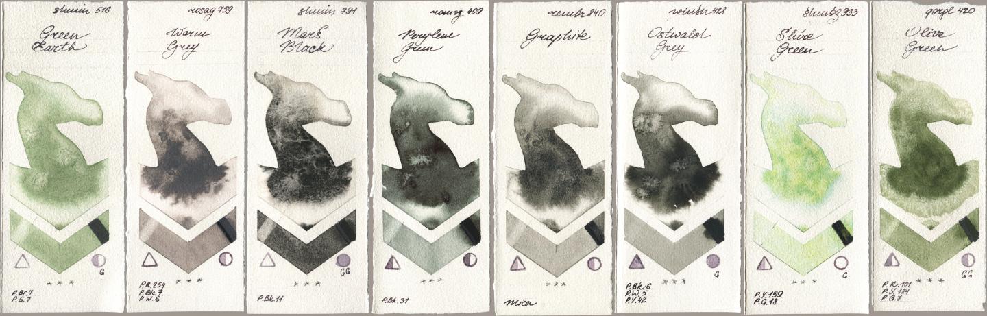 Shminke Horadam Aquarell 516 Green Earth, Rosa Gallery 759 Warm Grey, 791 Mars Black, Roman Szmal Aquarius 409 Perylene Green, Royal Talens Rembrandt Watercolour 840 Graphite, Winsor & Newton Professional 428 Ostwald Grey, 933 Shire Green, Golden QOR 420 Olive Gre watercolor swatch