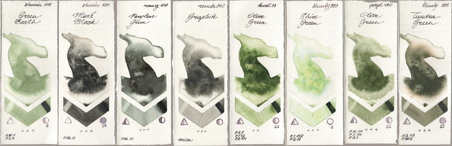 Shminke Horadam Aquarell 516 Green Earth, 791 Mars Black, Roman Szmal Aquarius 409 Perylene Green, Royal Talens Rembrandt Watercolour 840 Graphite, Kuretake Gansai Tambi 054 Olive Green, 933 Shire Green, Golden QOR 420 Olive Green, 985 Tundra Gre watercolor swatch