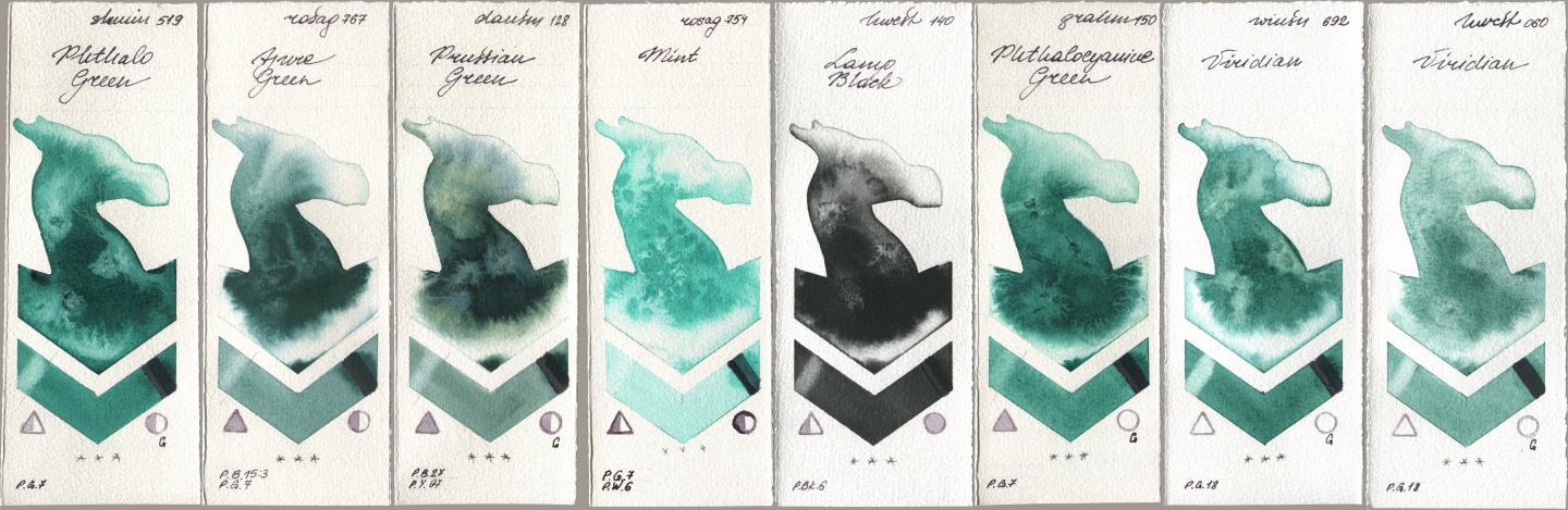 Shminke Horadam Aquarell 519 Phthalo Green, Rosa Gallery 767 Azure Green, Daniel Smith 128 Prussian Green, 754 Mint, Holbein Artists Watercolor 140 Lamp Black, M. Graham & Co. Artists 150 Phthalocyanine Green, Winsor & Newton Professional 692 Viridian, 060 Viridi watercolor swatch