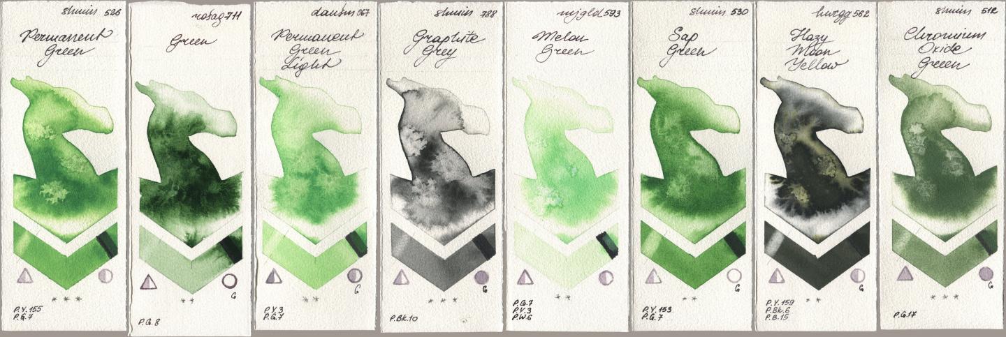 Shminke Horadam Aquarell 526 Permanent Green, Rosa Gallery 711 Green, Daniel Smith 067 Permanent Green Light, 788 Graphite Grey, Mijello Mission Gold 593 Melon Green, 530 Sap Green, Holbein Artists Watercolor 562 Hazy Moon Yellow, 512 Chromium Oxide Gre watercolor swatch
