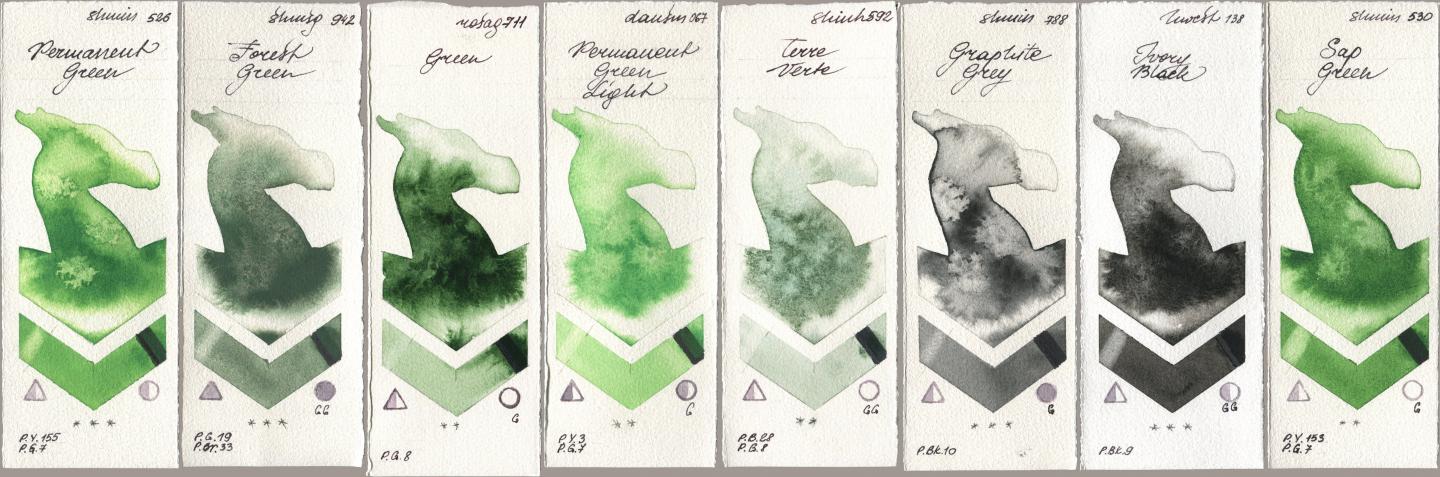 Shminke Horadam Aquarell 526 Permanent Green, 942 Forest Green, Rosa Gallery 711 Green, Daniel Smith 067 Permanent Green Light, Shinhan PWC 592 Terre Verte, 788 Graphite Grey, Holbein Artists Watercolor 138 Ivory Black, 530 Sap Gre watercolor swatch