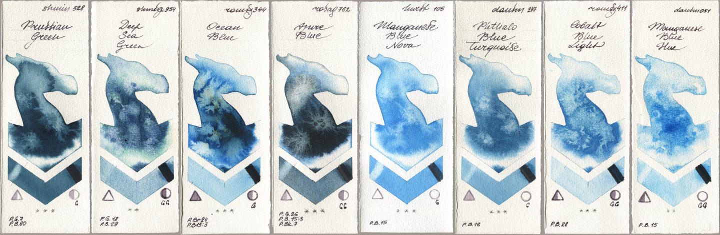 Shminke Horadam Aquarell 528 Prussian Green, 954 Deep Sea Green, Roman Szmal Aquarius 344 Ocean Blue, Rosa Gallery 762 Azure Blue, Holbein Artists Watercolor 105 Manganese Blue Nova, Daniel Smith 247 Phthalo Blue Turquoise, 411 Cobalt Blue Light, 051 Manganese Blue H watercolor swatch