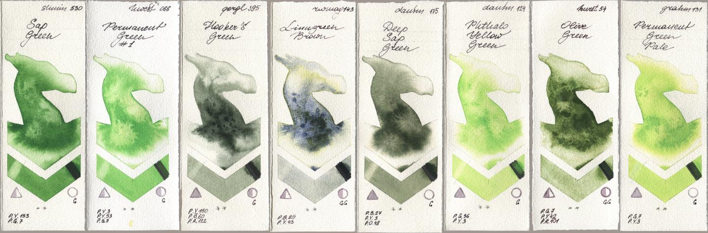Shminke Horadam Aquarell 530 Sap Green, Holbein Artists Watercolor 066 Permanent Green No 1, Golden QOR 395 Hookers Green, Rockwell 143 Limugreen Brown, Daniel Smith 175 Deep Sap Green, 124 Phthalo Yellow Green, Kuretake Gansai Tambi 054 Olive Green, M. Graham & Co. Artists 131 Permanent Green Pa watercolor swatch