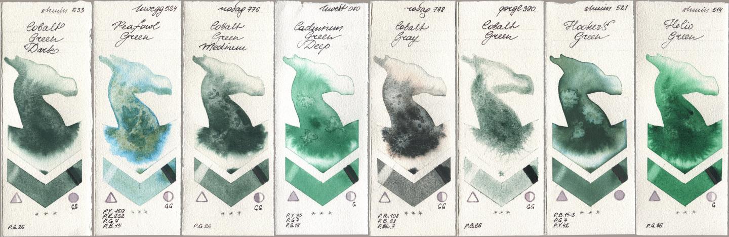 Shminke Horadam Aquarell 533 Cobalt Green Dark, Holbein Artists Watercolor 524 Peafowl Green, Rosa Gallery 776 Cobalt Green Medium, 070 Cadmium Green Deep, 768 Cobalt Gray, Golden QOR 390 Cobalt Green, 521 Hookers Green, 514 Helio Gre watercolor swatch