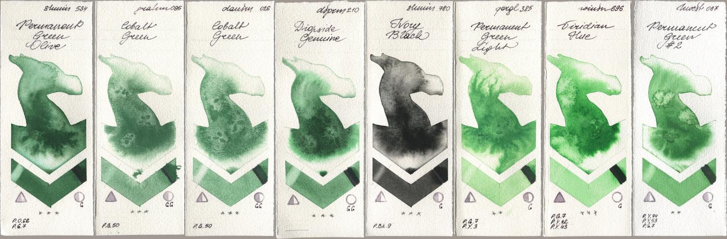 Shminke Horadam Aquarell 534 Permanent Green Olive, M. Graham & Co. Artists 095 Cobalt Green, Daniel Smith 026 Cobalt Green, 210 Diopside Genuine, 780 Ivory Black, Golden QOR 385 Permanent Green Light, Winsor & Newton Professional 696 Viridian Hue, Holbein Artists Watercolor 067 Permanent Green No watercolor swatch