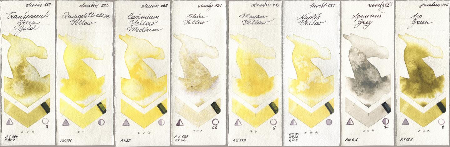 Shminke Horadam Aquarell 537 Transparent Green Gold, Daniel Smith 223 Quinophthalone Yellow, 225 Cadmium Yellow Medium, 931 Shire Yellow, 212 Mayan Yellow, Holbein Artists Watercolor 030 Naples Yellow, Roman Szmal Aquarius 253 Aquarius Grey, M. Graham & Co. Artists 016 Azo Gre watercolor swatch