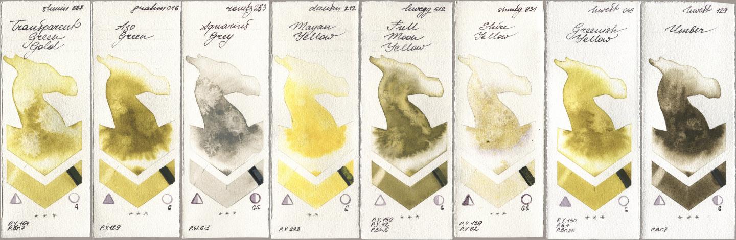 Shminke Horadam Aquarell 537 Transparent Green Gold, M. Graham & Co. Artists 016 Azo Green, Roman Szmal Aquarius 253 Aquarius Grey, Daniel Smith 212 Mayan Yellow, Holbein Artists Watercolor 512 Full Moon Yellow, 931 Shire Yellow, 046 Greenish Yellow, 129 Umb watercolor swatch