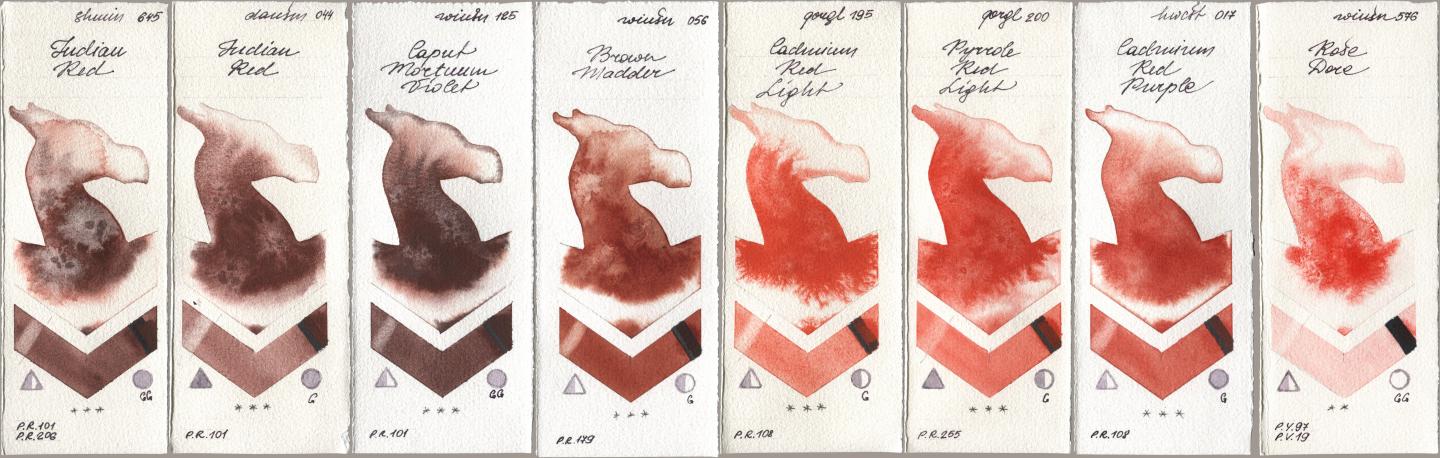 Shminke Horadam Aquarell 645 Indian Red, Daniel Smith 044 Indian Red, Winsor & Newton Professional 125 Caput Mortuum Violet, 056 Brown Madder, Golden QOR 195 Cadmium Red Light, 200 Pyrrole Red Light, Holbein Artists Watercolor 017 Cadmium Red Purple, 576 Rose Do watercolor swatch
