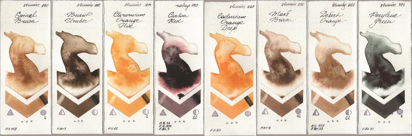 Shminke Horadam Aquarell 650 Spinel Brown, 668 Burnt Umber, 214 Chrome Organge LF (Chromium Orange Hue), Rosa Gallery 769 Carbon Red, 228 Cadmium Orange Deep, 658 Mars Brown, 922 Desert Orange, 784 Perylene Gre watercolor swatch