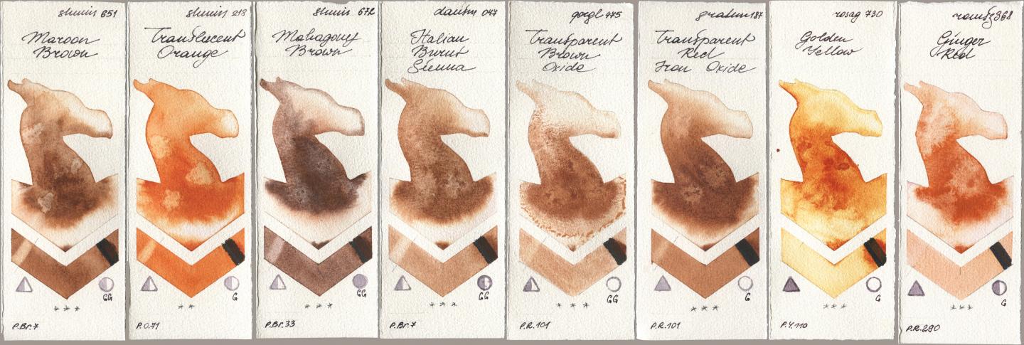 Shminke Horadam Aquarell 651 Maroon Brown, 218 Translucent Orange / Transparent Orange, 672 Mahagony Brown, Daniel Smith 047 Italian Burnt Sienna, Golden QOR 475 Transparent Brown Oxide, M. Graham & Co. Artists 187 Transparent Red Iron Oxide, Rosa Gallery 730 Golden Yellow, Roman Szmal Aquarius 368 Genger R watercolor swatch