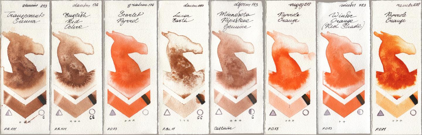 Shminke Horadam Aquarell 653 Transparent Sienna, Daniel Smith 136 English Red Ochre, M. Graham & Co. Artists 176 Scarlet Pyrrol, 050 Lunar Earth, 143 Minnesota Pipestone Genuine, Royal Talens Van Gogh Watercolour 278 Pyrrole Orange, Winsor & Newton Professional 723 Winsor Orange (Red Shade), Royal Talens Rembrandt Watercolour 278 Pyrrole Oran watercolor swatch