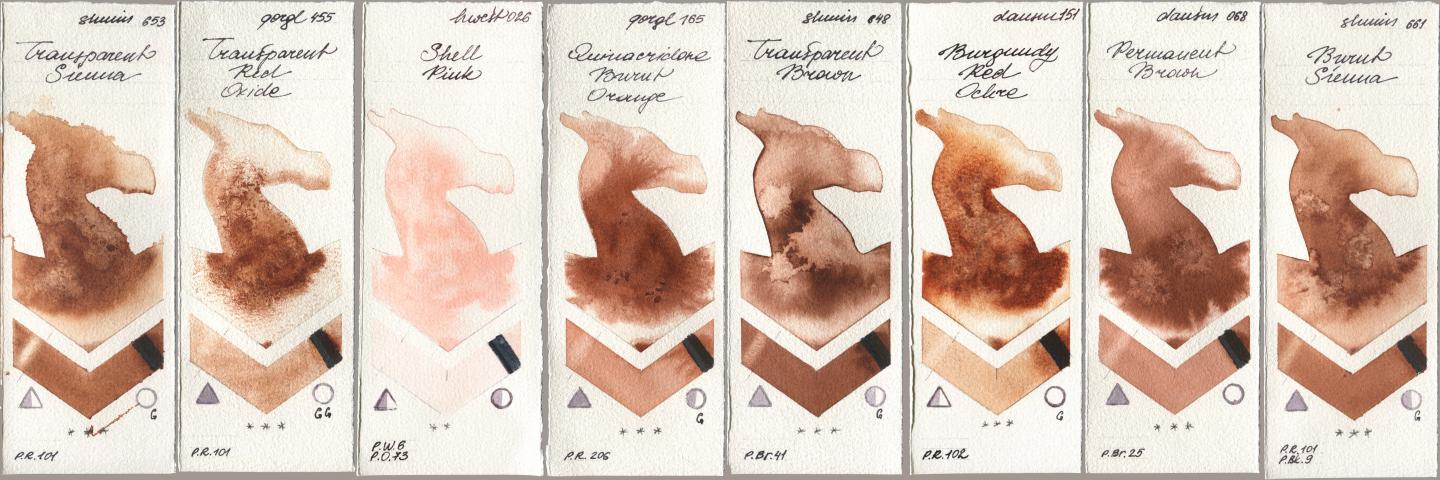 Shminke Horadam Aquarell 653 Transparent Sienna, Golden QOR 455 Transparent Red Oxide, Holbein Artists Watercolor 026 Shell Pink, 165 Quinacridone Burnt Orange, 648 Transparent Brown, Daniel Smith 151 Burgundy Red Ochre, 068 Permanent Brown, 661 Burnt Sien watercolor swatch