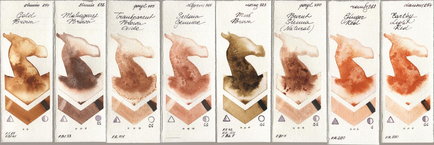 Shminke Horadam Aquarell 654 Gold Brown, 672 Mahagony Brown, Golden QOR 475 Transparent Brown Oxide, Daniel Smith 145 Sedona Genuine, Rosa Gallery 723 Mars Brown, 470 Burnt Sienna (Natural), Roman Szmal Aquarius 368 Genger Red, 254 Earthy Light R watercolor swatch