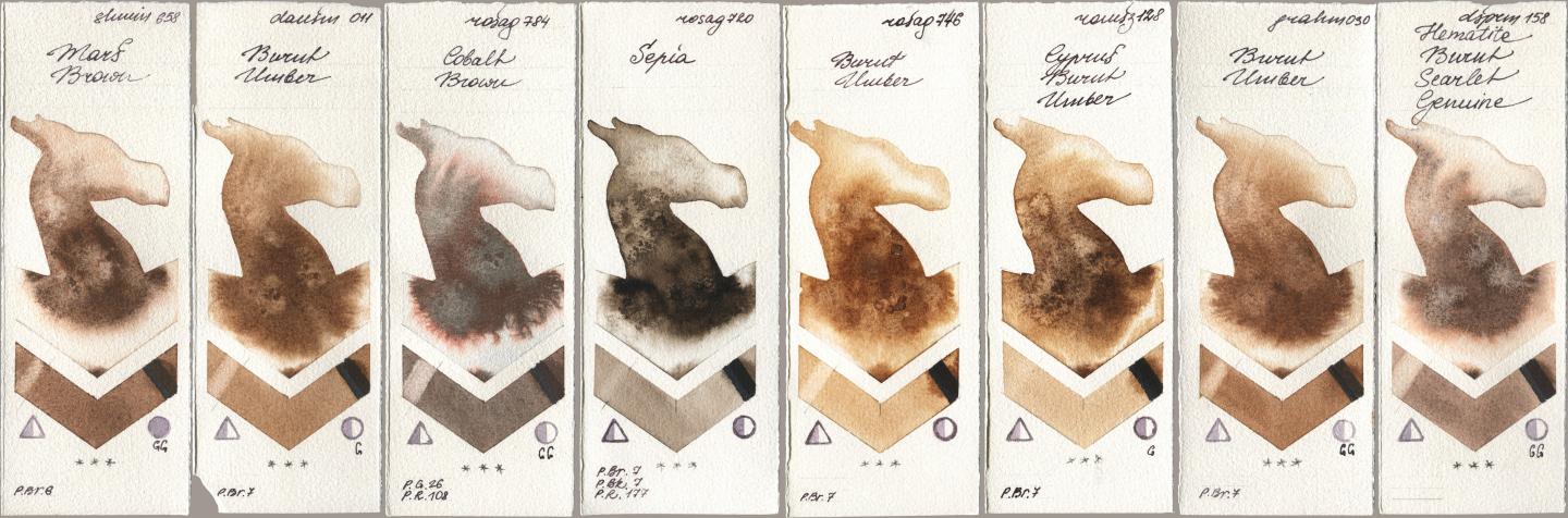 Shminke Horadam Aquarell 658 Mars Brown, Daniel Smith 011 Burnt Umber, Rosa Gallery 784 Cobalt Brown, 720 Sepia, 746 Burnt Umber, Roman Szmal Aquarius 128 Cyprus Burnt Umber, M. Graham & Co. Artists 030 Burnt Umber, 158 Hematite Burnt Scarlet Genui watercolor swatch