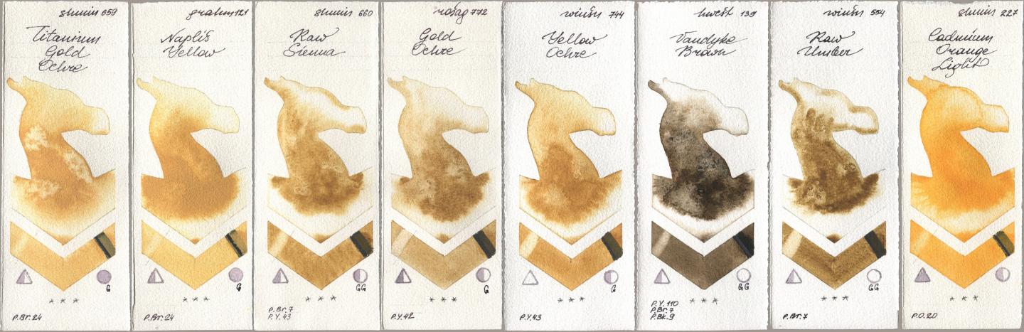 Shminke Horadam Aquarell 659 Titanium Gold Ochre, M. Graham & Co. Artists 121 Naples Yellow, 660 Raw Sienna, Rosa Gallery 772 Gold Ochre, Winsor & Newton Professional 744 Yellow Ochre, Holbein Artists Watercolor 139 Vandyke Brown, 554 Raw Umber, 227 Cadmium Orange Lig watercolor swatch