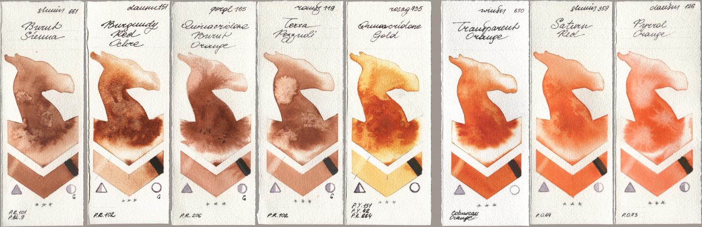 Shminke Horadam Aquarell 661 Burnt Sienna, Daniel Smith 151 Burgundy Red Ochre, Golden QOR 165 Quinacridone Burnt Orange, Roman Szmal Aquarius 119 Terra Pozzuoli, Rosa Gallery 735 Quinacridone Gold, Winsor & Newton Professional 650 Transparent Orange, 359 Saturn Red, 126 Pyrrol Oran watercolor swatch