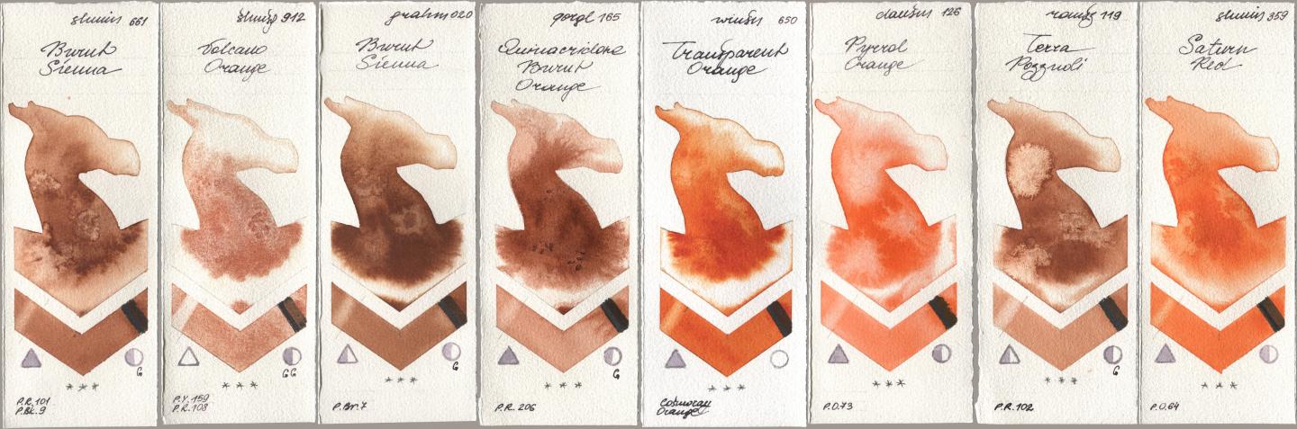 Shminke Horadam Aquarell 661 Burnt Sienna, 912 Volcano Orange, M. Graham & Co. Artists 020 Burnt Sienna, Golden QOR 165 Quinacridone Burnt Orange, Winsor & Newton Professional 650 Transparent Orange, Daniel Smith 126 Pyrrol Orange, Roman Szmal Aquarius 119 Terra Pozzuoli, 359 Saturn R watercolor swatch