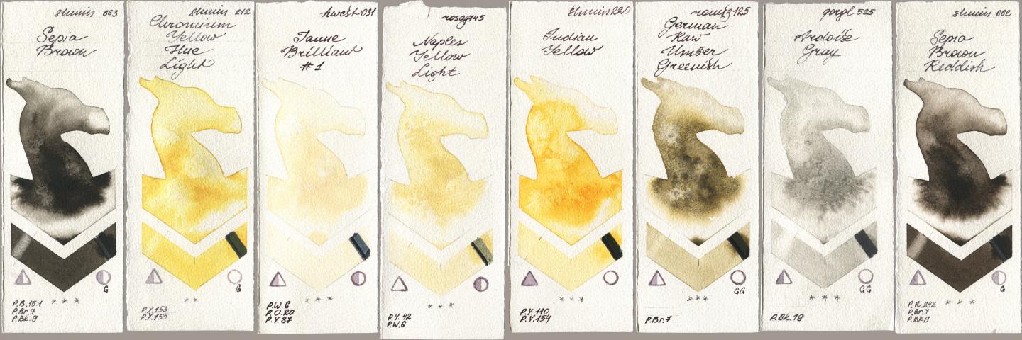 Shminke Horadam Aquarell 663 Sepia Brown, 212 Chromium Yellow Hue Light, Holbein Artists Watercolor 031 Jaune Brilliant No 1, Rosa Gallery 745 Naples Yellow Light, 220 Indian Yellow, Roman Szmal Aquarius 125 German Raw Umber Greenish, Golden QOR 525 Ardoise Gray, 662 Sepia Brown Reddi watercolor swatch