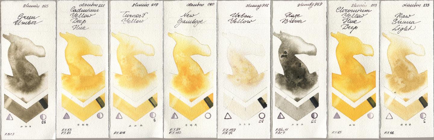 Shminke Horadam Aquarell 665 Green Umber, Daniel Smith 221 Cadmium Yellow Deep Hue, 219 Turner‘s Yellow, 060 New Gamboge, 916 Urban Yellow, 969 Haze Brown, 213 Chrome Yellow Deep LF (Chromium Yellow Hue Deep), 233 Raw Sienna Lig watercolor swatch
