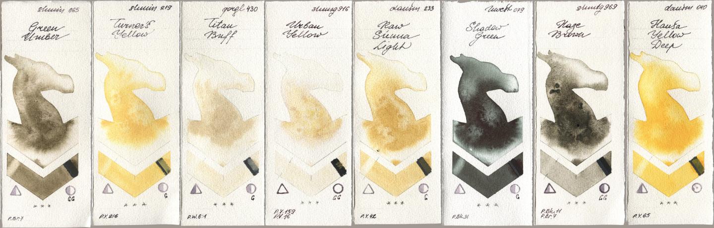 Shminke Horadam Aquarell 665 Green Umber, 219 Turner‘s Yellow, Golden QOR 430 Titan Buff, 916 Urban Yellow, Daniel Smith 233 Raw Sienna Light, Holbein Artists Watercolor 079 Shadow Green, 969 Haze Brown, 040 Hansa Yellow De watercolor swatch