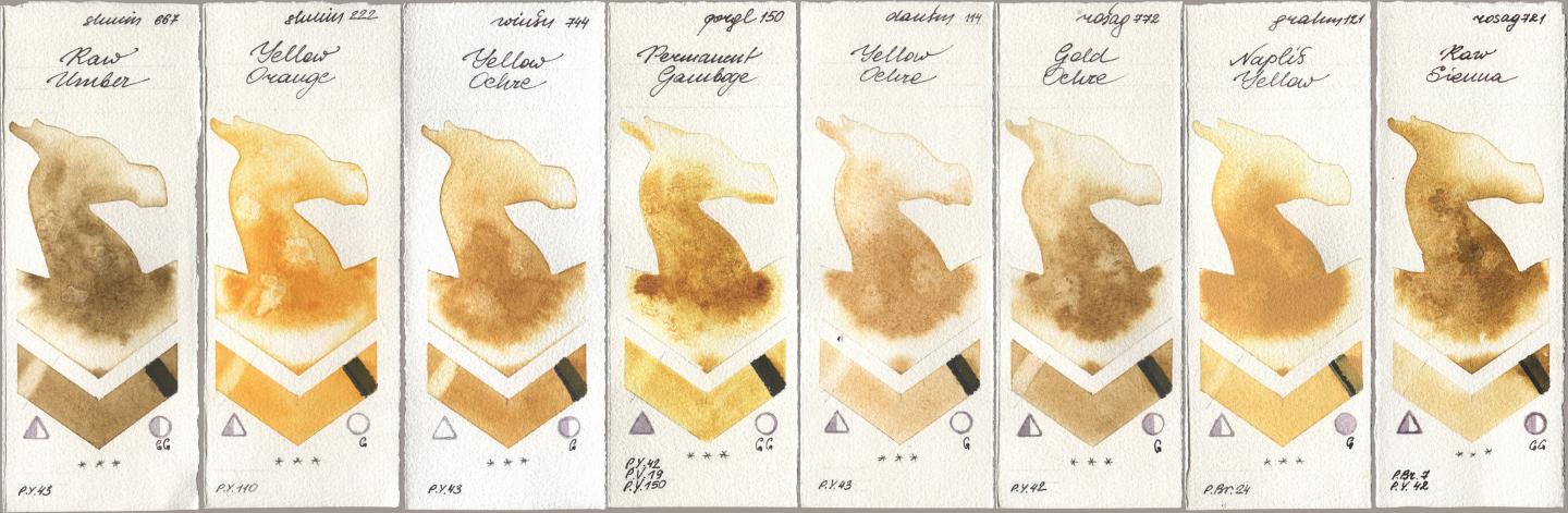 Shminke Horadam Aquarell 667 Raw Umber, 222 Yellow Orange, Winsor & Newton Professional 744 Yellow Ochre, Golden QOR 150 Permanent Gamboge, Daniel Smith 114 Yellow Ochre, Rosa Gallery 772 Gold Ochre, M. Graham & Co. Artists 121 Naples Yellow, 721 Raw Sien watercolor swatch