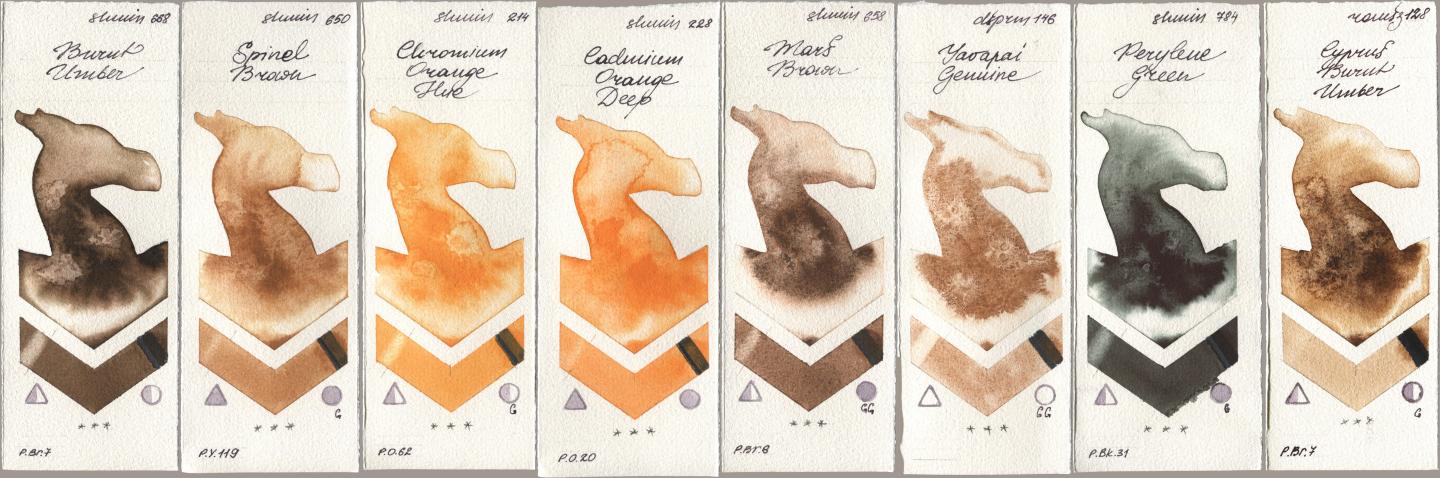 Shminke Horadam Aquarell 668 Burnt Umber, 650 Spinel Brown, 214 Chrome Organge LF (Chromium Orange Hue), 228 Cadmium Orange Deep, 658 Mars Brown, Daniel Smith 146 Yavapai Genuine, 784 Perylene Green, Roman Szmal Aquarius 128 Cyprus Burnt Umb watercolor swatch