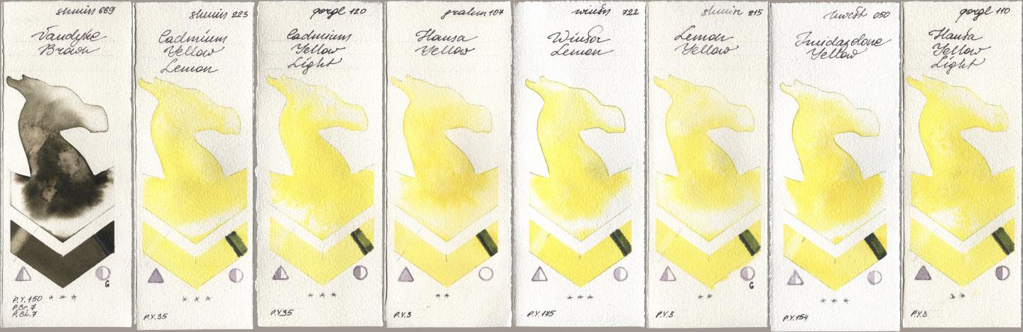 Shminke Horadam Aquarell 669 Vandyke Brown, 223 Cadmium Yellow Lemon, Golden QOR 120 Cadmium Yellow Light, M. Graham & Co. Artists 107 Hansa Yellow, Winsor & Newton Professional 722 Winsor Lemon, 215 Lemon Yellow, Holbein Artists Watercolor 050 Imidazolone Yellow, 110 Hansa Yellow Lig watercolor swatch